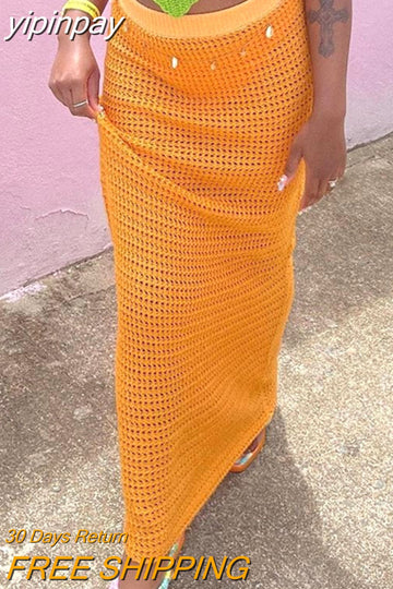yipinpay 2023 Fashion Knitted Y2K Aesthetic Boho Beach Party High Waist Long Dress Sexy Women Hollow Out Maxi Skirt Vintage Summer